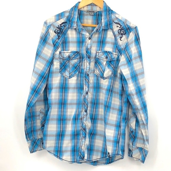 Machine Fame Jeans Inc. Long Sleeve Western Style Blue Button Down Shirt Size M - Picture 1 of 15